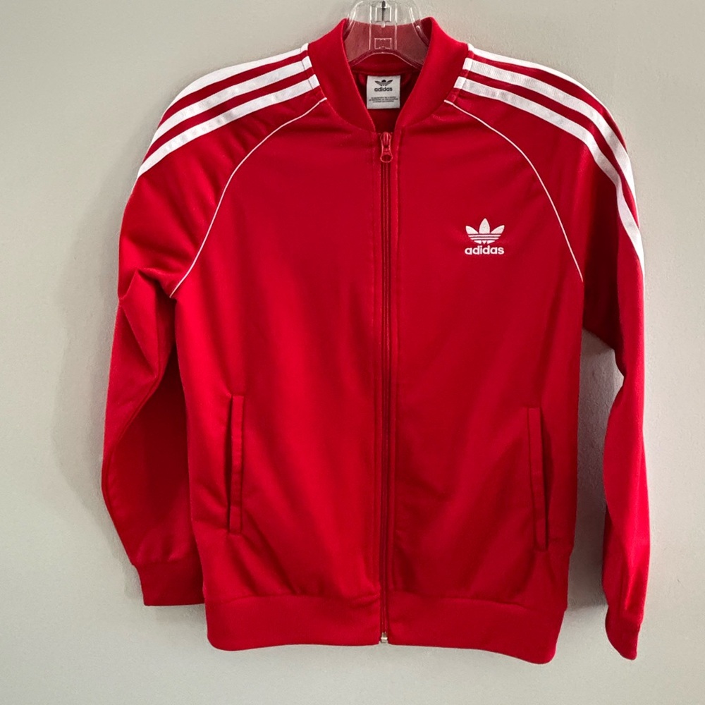 Adidas Youth Red Jacket White Stripes Size 13-14 Track Large 90s Style Retro